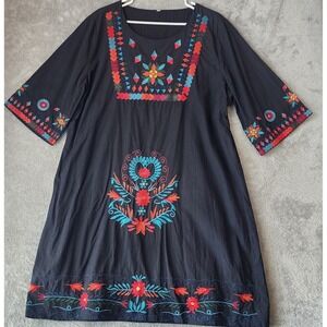 Womens Dress 2X Black Multicolor Floral Embroidered Boho Tunic Shift Dress